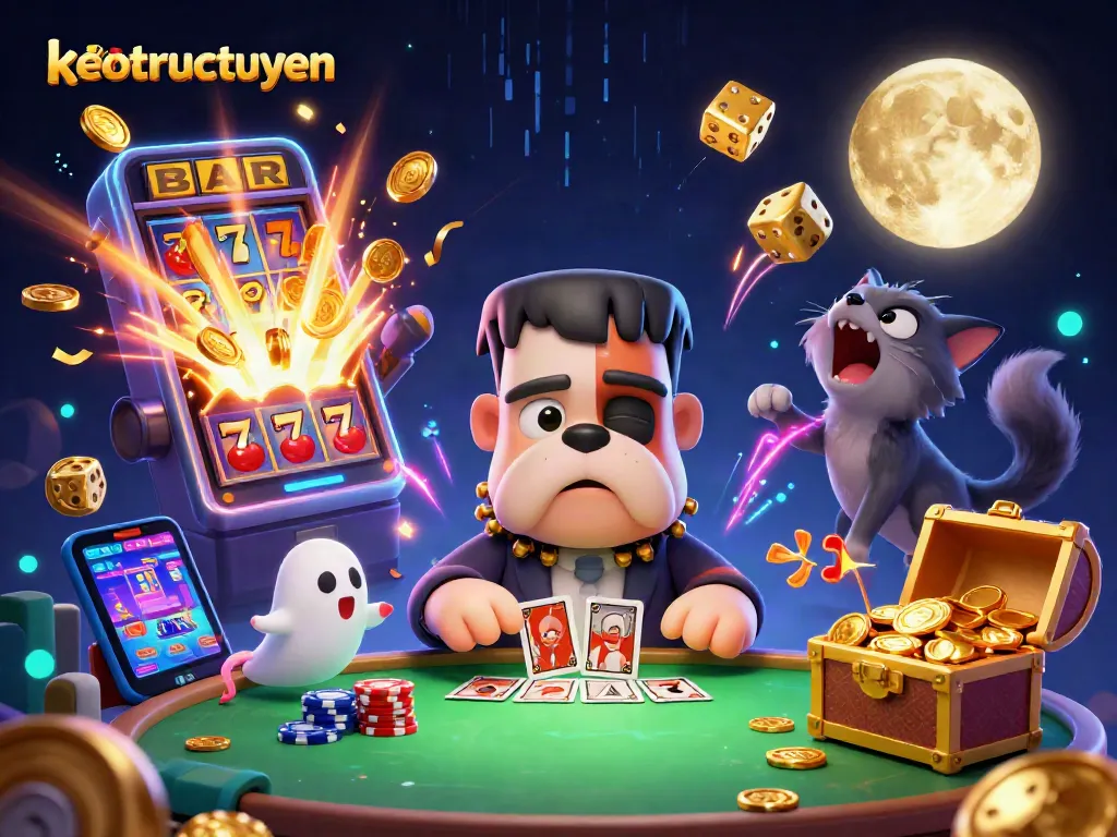 Experience thrilling gameplay at keotructuyen with a vibrant 3D casino scene featuring cartoon characters and exciting symbols.