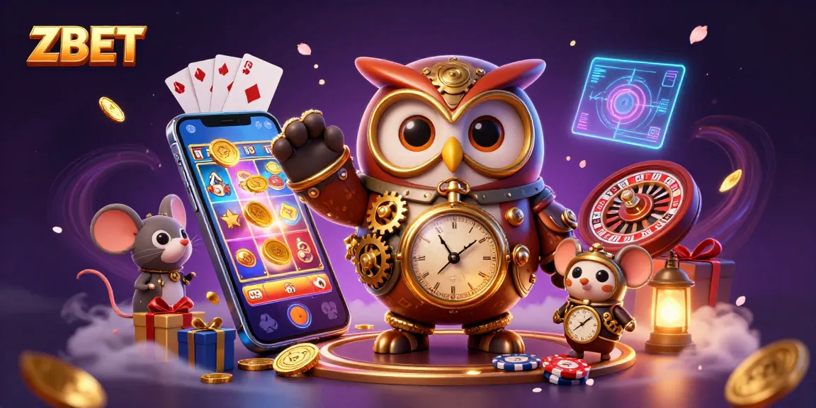 ZBET slots illustration with a steampunk owl and vibrant casino elements, showcasing excitement and play.