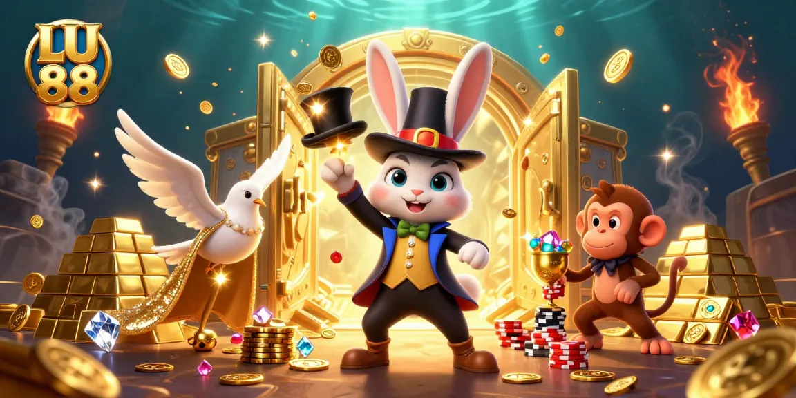 LU 88 magician rabbit crafts golden coins amidst vibrant casino treasures and lively characters.