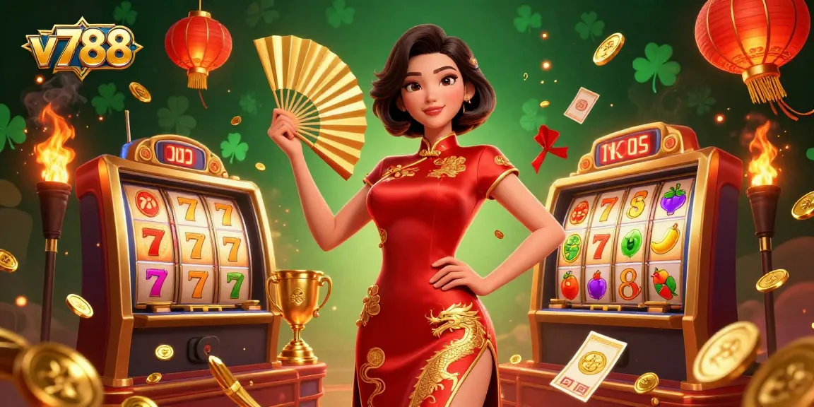 Experience thrilling gameplay at v788 with vibrant slot machines, golden elements, and charismatic characters.