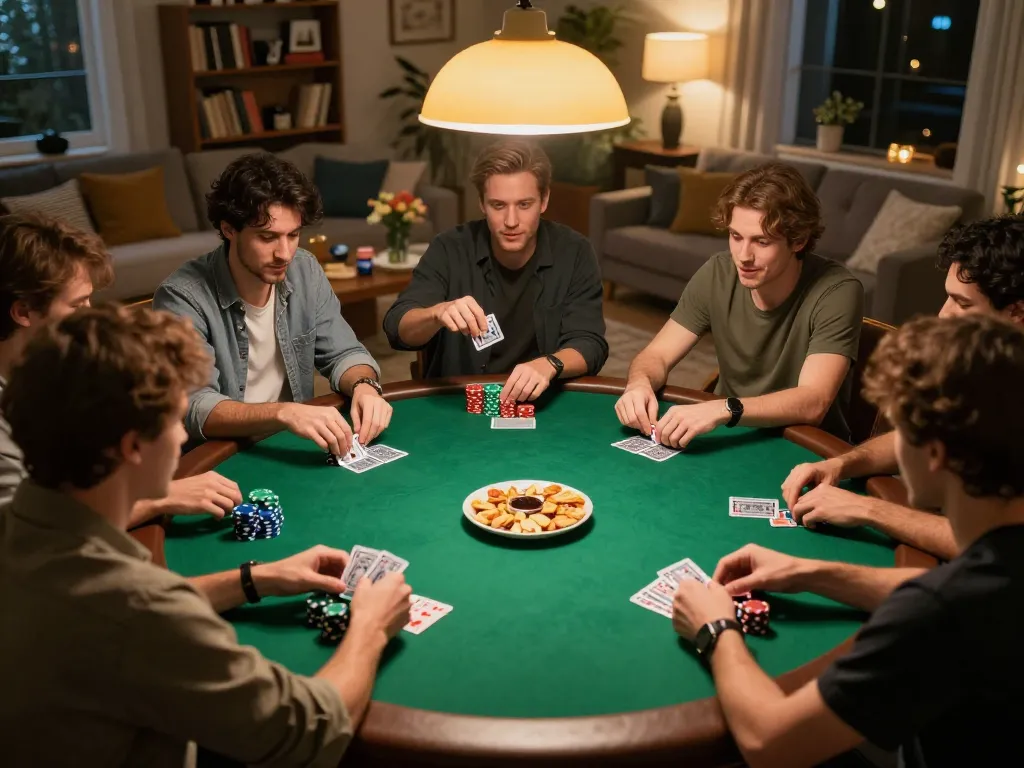 Fun88 players engaged in a thrilling poker game during a cozy home night.