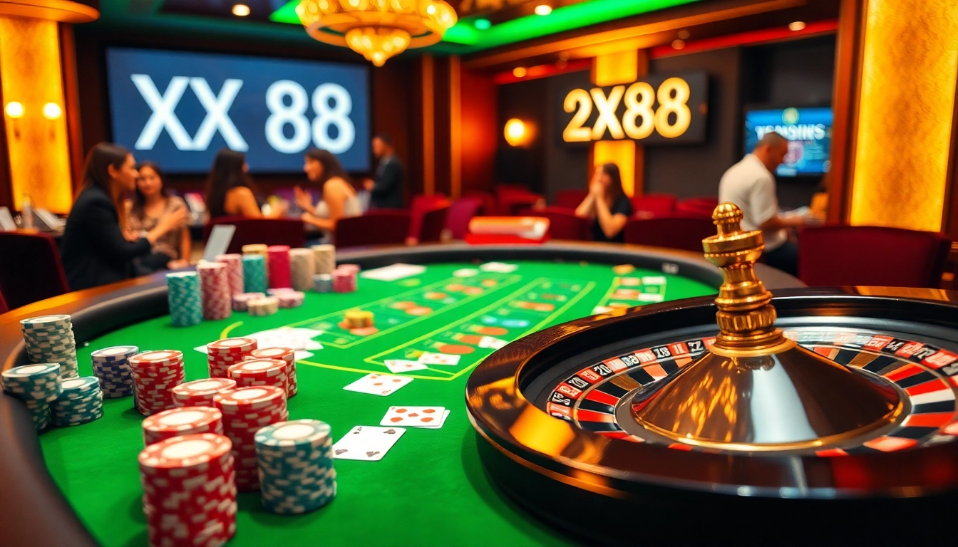 Players enjoying an electrifying game at XX88 casino table with vibrant chips and cards.