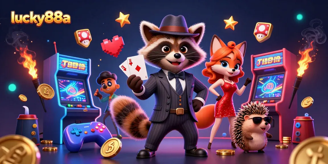 Experience lucky88a as a suave raccoon celebrates a royal flush amidst vibrant casino elements.