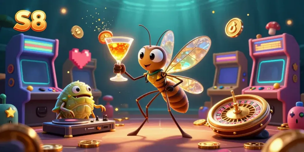 S8 casino experience featuring a playful mosquito mascot, trilobite DJ, and roulette wheel amidst vibrant gaming action.