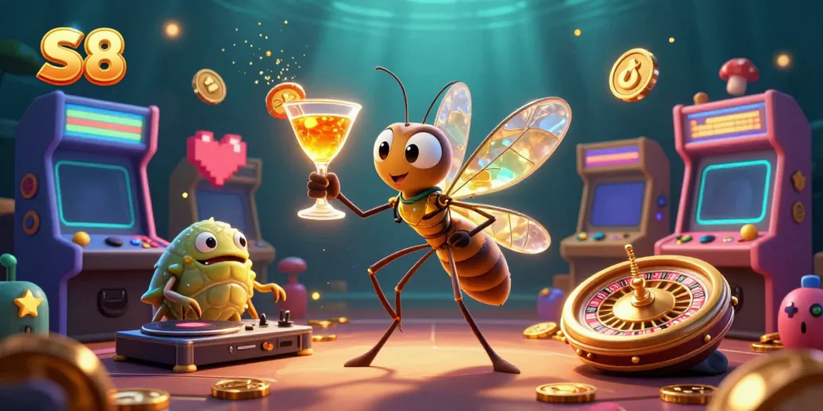 S8 casino experience featuring a playful mosquito mascot, trilobite DJ, and roulette wheel amidst vibrant gaming action.