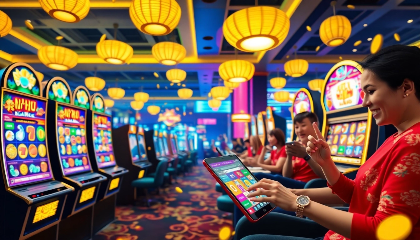 Nổ Hũ slots scene with vibrant colors and excited players in an online casino environment.