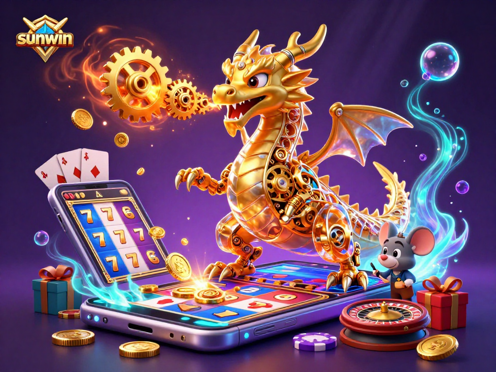 Sunwin showcases thrilling gameplay with a golden dragon, coins, and excitement in dynamic 3D illustration.
