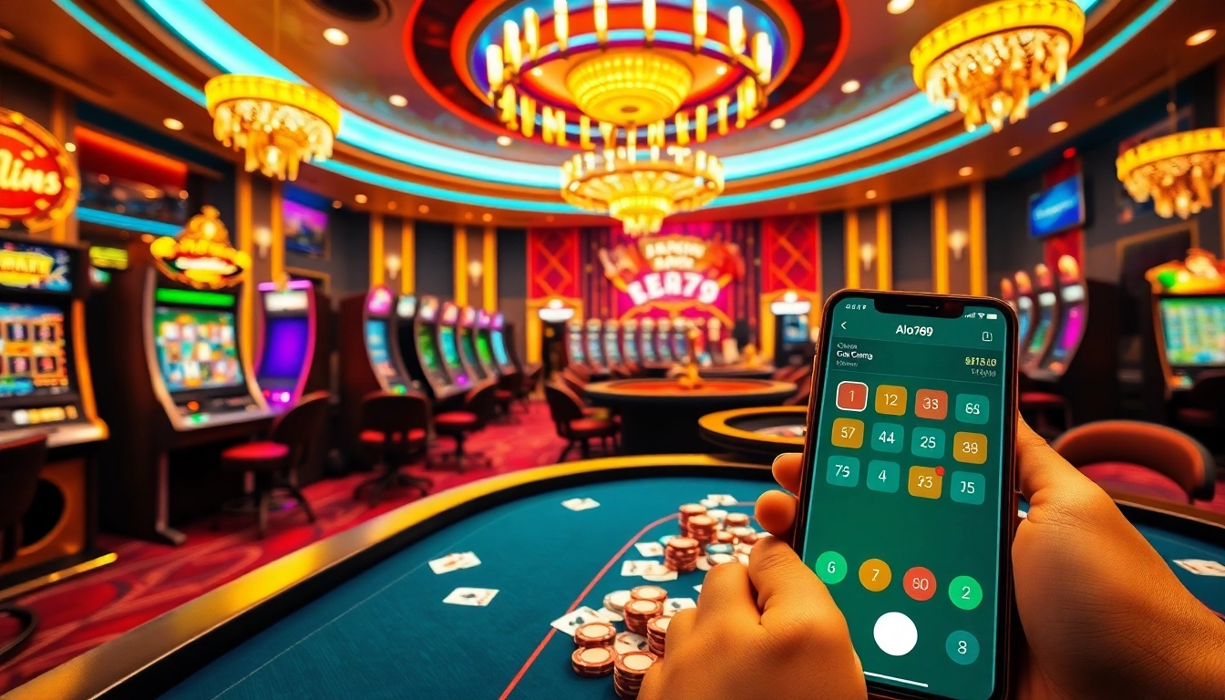 Experience the thrill of Alo789 with dynamic casino gaming tables and vibrant poker chips.