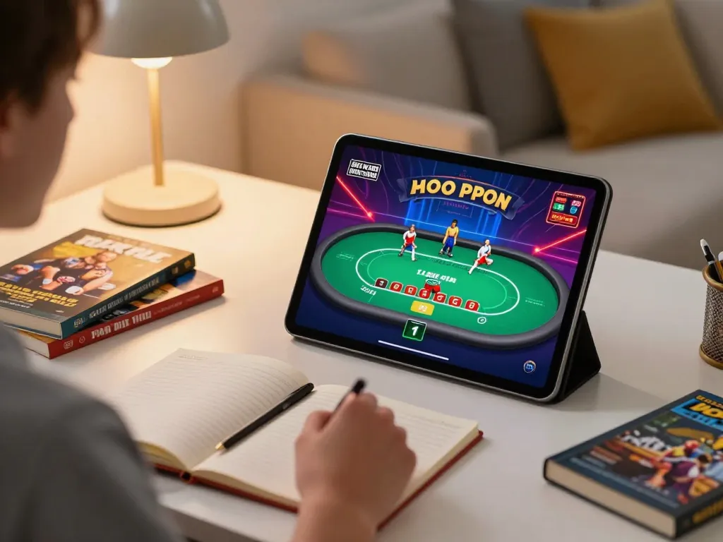 fun88 online gaming scene showing a player engaged in interactive poker gameplay on a tablet in a cozy setup.