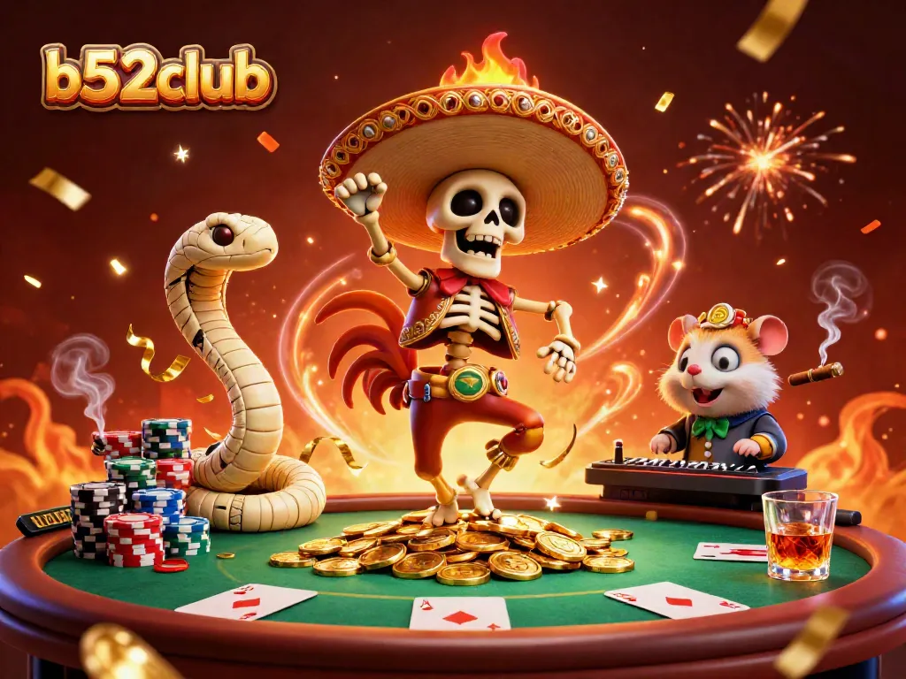 Spin and win big with b52club at this vibrant casino celebration scene featuring unique characters.