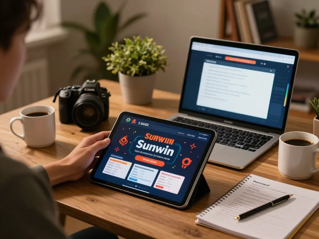 Engaging with Sunwin casino app on a tablet in a cozy home setting, promoting responsible gaming strategies.