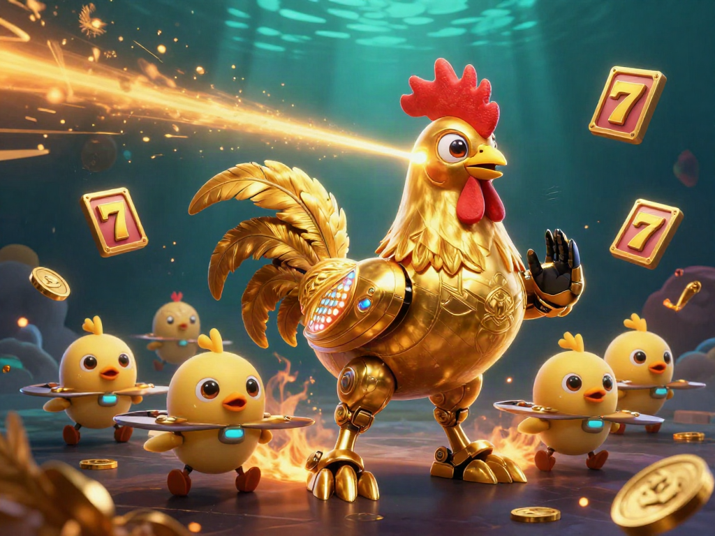 Engage with slot jackpot excitement through a thrilling 3D casino illustration featuring a golden rooster robot.