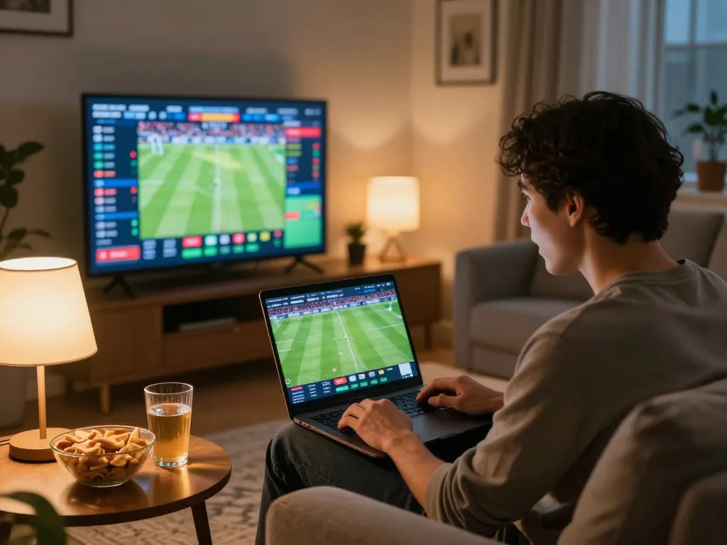 Xem bóng đá trực tiếp hôm nay with excitement from home, dynamic sports betting scene showcasing engagement and atmosphere.