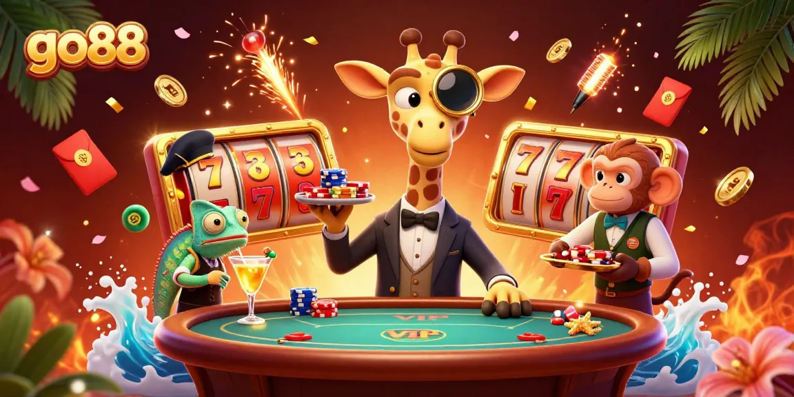 Experience the excitement of go88 with a high-roller giraffe at a VIP poker table surrounded by vibrant casino elements.