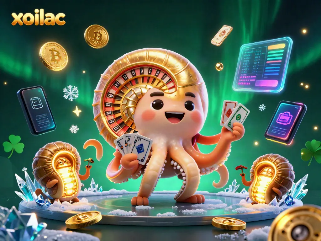 Experience thrilling gaming with xoilac's giant nautilus roulette and glowing crypto coins in this vibrant scene.