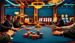 Engage in thrilling gameplay with KP88 link at a vibrant poker table, showcasing colorful chips and elegant players.