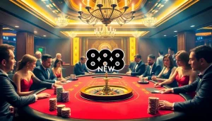 Exciting poker game scene at 888 NEW casino showcasing vibrant chips and spinning roulette.
