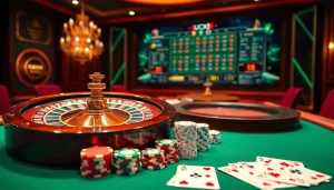 Experience the excitement of Luck8 with a sophisticated casino scene showcasing roulette, poker chips, and online gaming.
