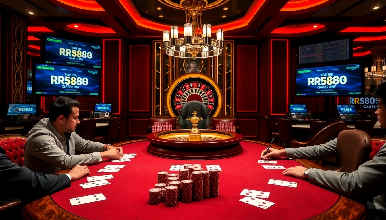 Professional gamblers enjoying rr88 gratis at an upscale poker table with vibrant casino atmosphere.