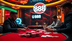 Players engaging at an upscale U 888 casino poker table with vibrant chips and exciting atmosphere.