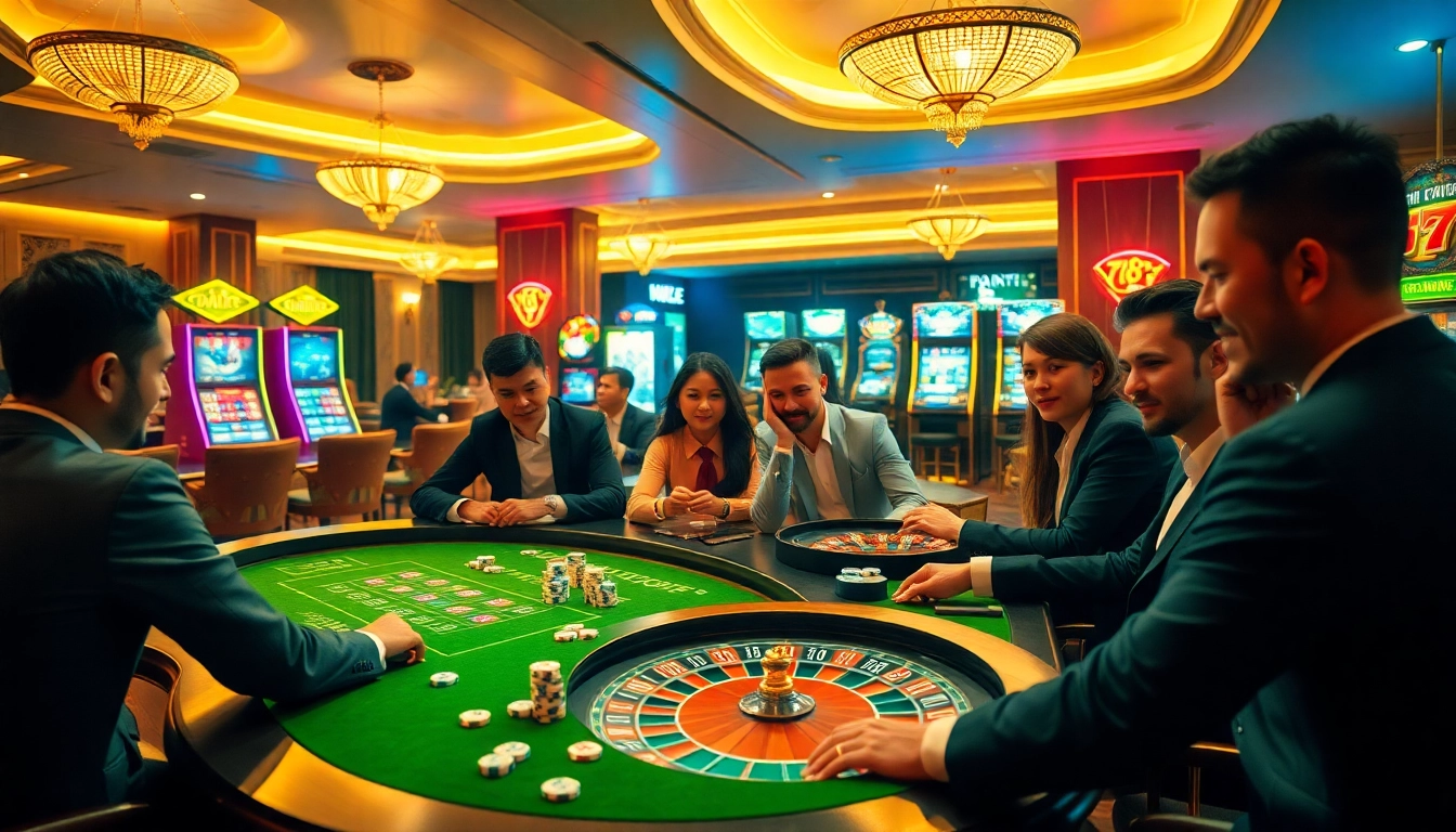 Players enjoying a thrilling casino experience at https://78winn.co/ with poker chips and roulette wheels.