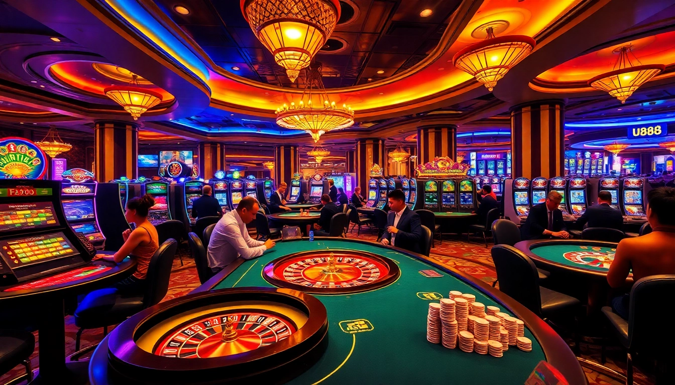 Experience the excitement of U888 as players engage at high-stakes poker tables in a luxurious casino atmosphere.