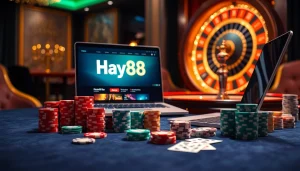 Experience thrilling gaming at https://hay88.my/ with vibrant poker chips and a roulette wheel in a luxurious casino setting.