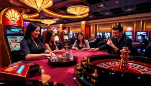 Experience thrilling online gaming with FLY88COM at a luxurious casino table.