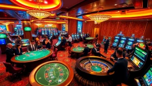 Gambling excitement at Da88 casino with poker and roulette tables, vibrant atmosphere.