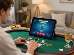 Player enjoying a thrilling ku win live dealer blackjack game on tablet at home.
