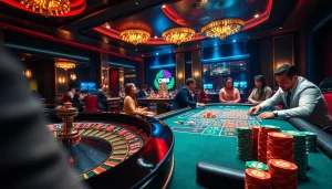 Experienced gamblers strategize with CM88 at a vibrant casino table, surrounded by chips and cards.