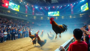 High-energy scene of dagatructiep 1 live đấu gà event with excited spectators and vibrant action.