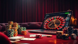 The thrill of gaming at https://78wins.io/ represented by a stylish casino scene with poker chips and roulette.