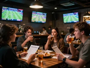 Kèo nhà cái hôm nay displayed on large screen while patrons celebrate sports betting success