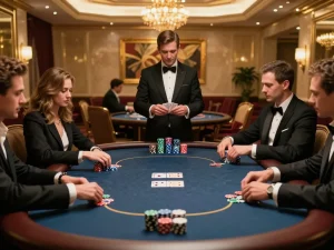 Players strategizing at a U888 vip poker table in an elegant casino setting, showcasing engaging gameplay.