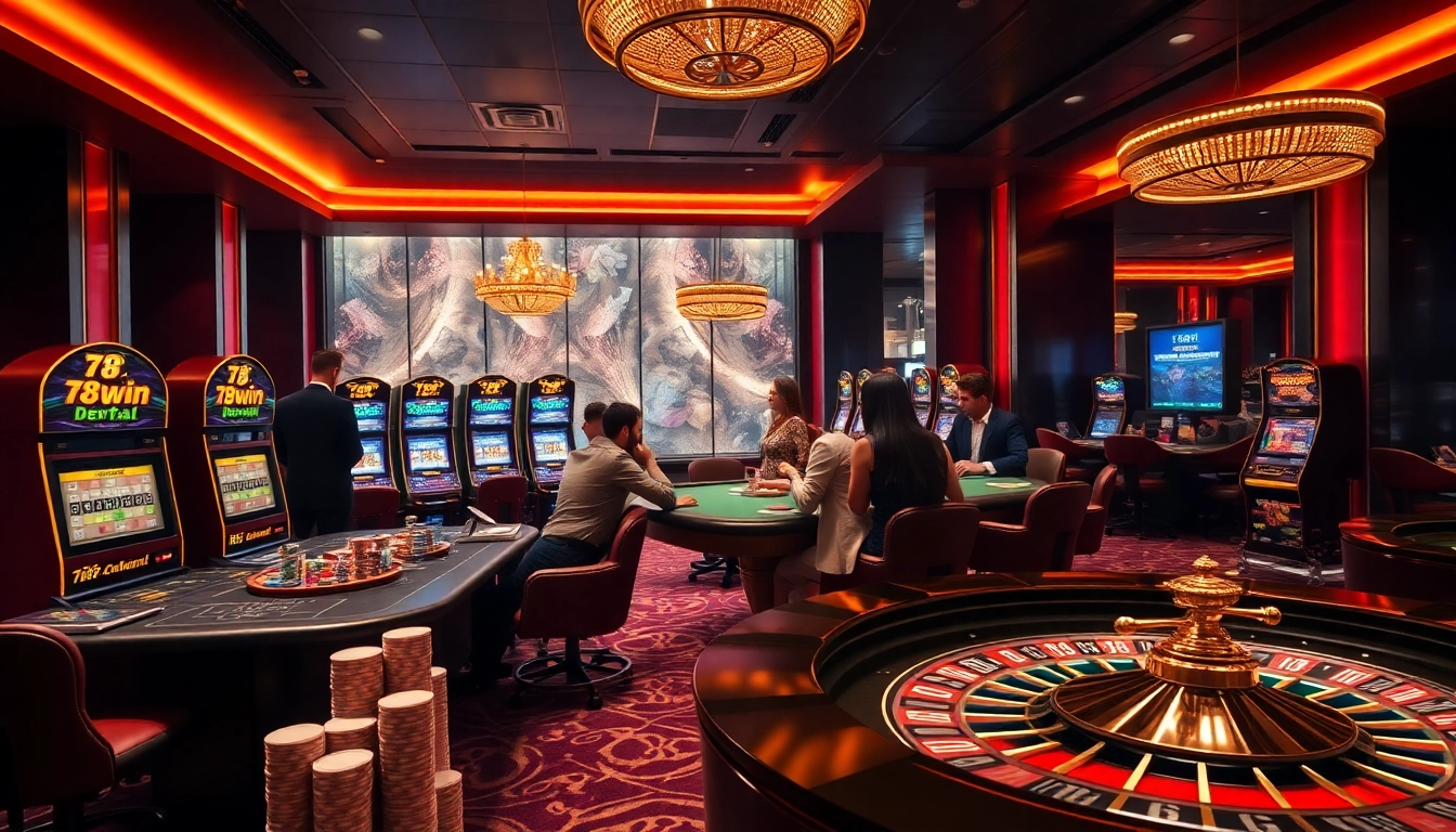 Players enjoying exhilarating games at 78win.dental casino with high-end tables and slot machines.