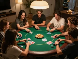 Players enjoy a friendly poker game at home featuring J88 chips, cards, and drinks in a cozy atmosphere.