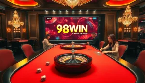 Experience thrilling gameplay at 98WIN's vibrant casino tables with poker chips and roulette wheels.