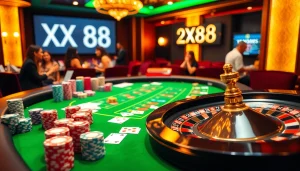 Players enjoying an electrifying game at XX88 casino table with vibrant chips and cards.