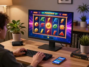 Playing a thrilling online slot game on a modern setup while enjoying the Website Game Terbaik experience.