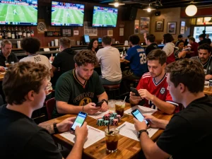 Engaging sports betting scene at trang chủ 789win with patrons analyzing games and placing bets.
