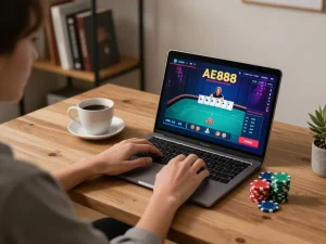 Players enjoying an immersive AE888 poker session on a sleek home setup with engaging graphics