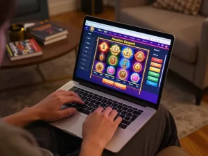 Engaged user enjoying ok fun online slot games on a laptop in a cozy home setting