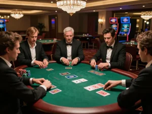 Players engaged in an intense poker game at 28bets casino, showcasing strategy and excitement.