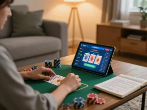 Engaged in poker gameplay on Trang chủ LLwin featuring mobile device interface and strategic notes.