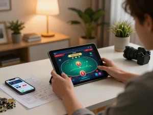 Engaging player using nhà cái 388bet interface on a tablet in a cozy home setting.