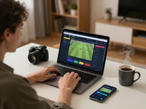 Person actively engaged with the xoilactv sports betting interface on laptop while enjoying a cozy home setting.