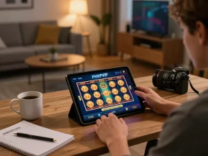 Player enjoying PHPVIP online slots on tablet in a cozy home gaming setup with strategy notes.