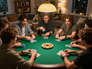 Fun88 players engaged in a thrilling poker game during a cozy home night.