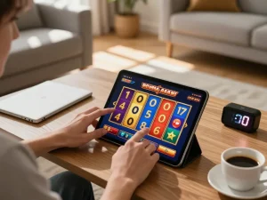 Play slots online with yo88 on tablet in a cozy living room setup for relaxed gaming.